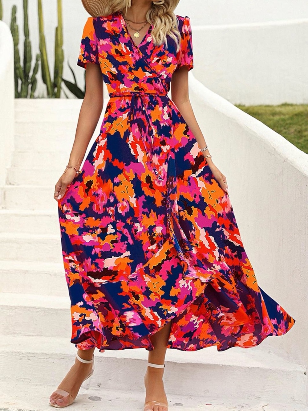 Colorful Abstract Print Wrap Dress - Navy, Pink & Orange